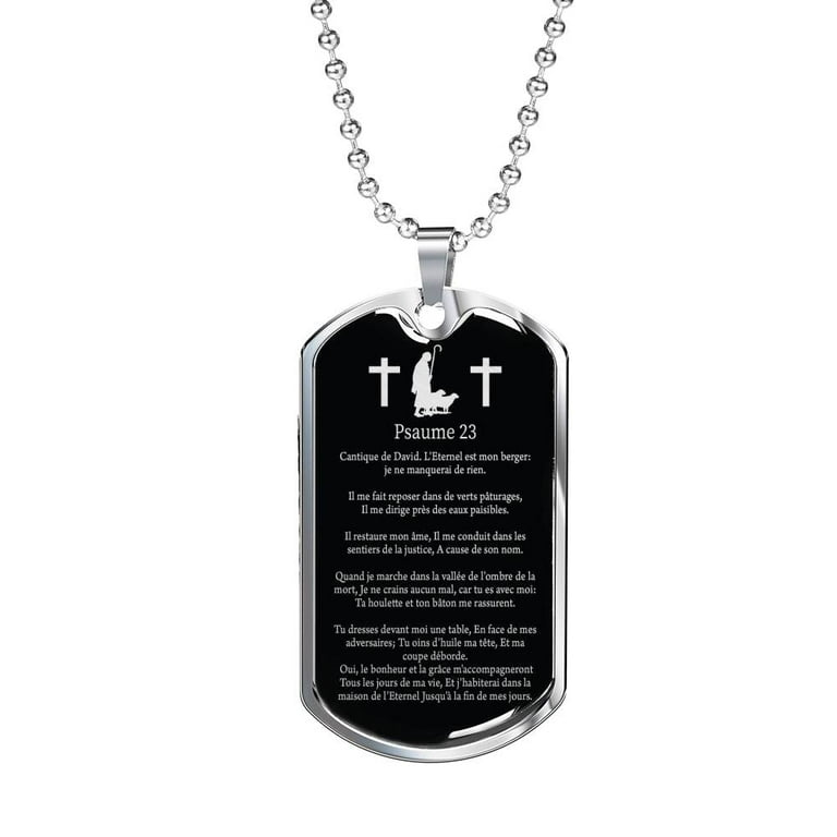 L Eternel Est Mon Berger Psaume 23 Dog Tag Stainless Steel or 18k Gold W 24