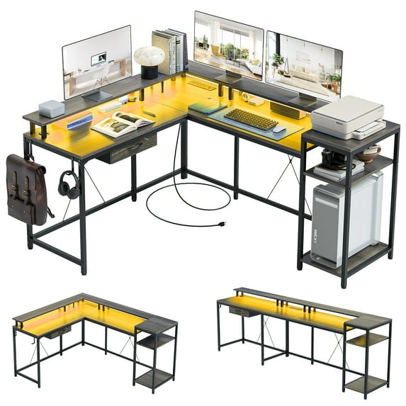 L Gaming Desk, 68" Home Office Desk with File Drawer & Power Outlet, Computer Corner Desk with Monitor Shelf and Hook, LED Lights, Two Person Desk