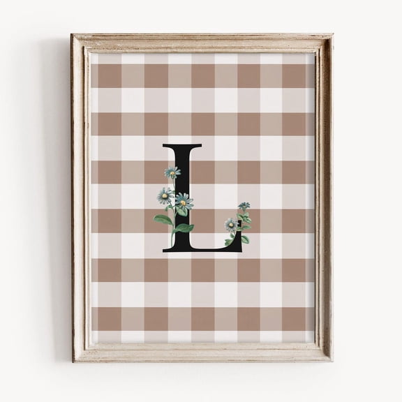 L Initial Floral Monogram Poster, Beige Gingham Nursery Wall Art