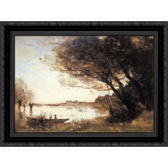 L'Inondation 24x20 Black Ornate Wood Framed Canvas Art by Corot, Jean Baptiste Camille