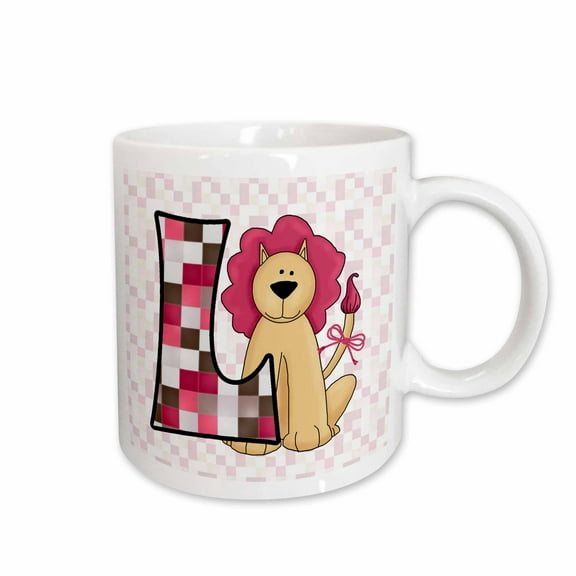 3drose, L Is for Lion in Pink for Girls Baby and Kids Monogram L in Patchwork Prints, 11oz Mug