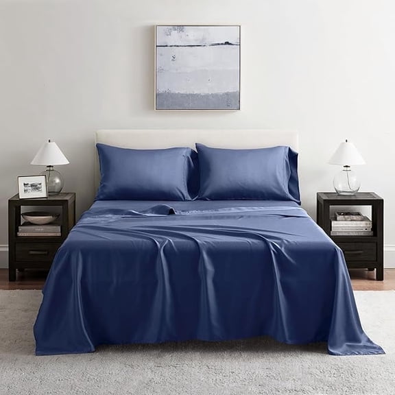 L Linen World 100% Eucalyptus Sheets Set Queen,Organic Eucalyptus Lyocell Bed Sheets,4 Pieces Cooling Bed Sheet,Silky Soft and Smooth, Breathable(Navy Blue,Queen)
