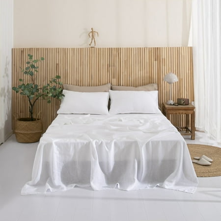 L Linen World 100% Linen Sheets Set King Size,French Linen from Normandy Bed Sheets Natural Flax Breathable Durable 4pcs Set-1 Flat Sheet,1 Deep Pocket Fitted Sheet,2 Pillowcases - (King, White)