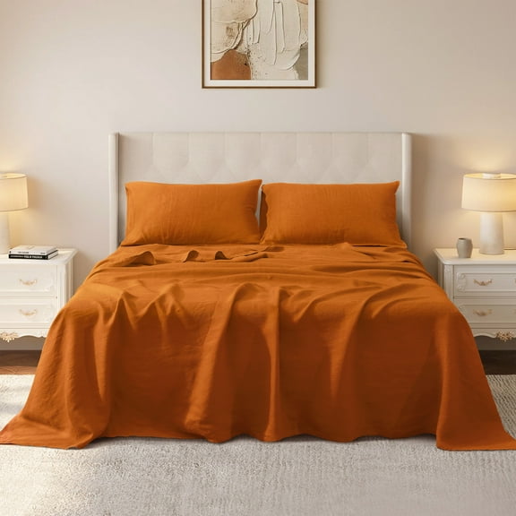L Linen World 100% Linen Sheets Set King Size,French Linen from Normandy Bed Sheets Natural Flax Breathable Durable 4pcs Set-1 Flat Sheet,1 Deep Pocket Fitted Sheet,2 Pillowcases - (King, Amberglow)