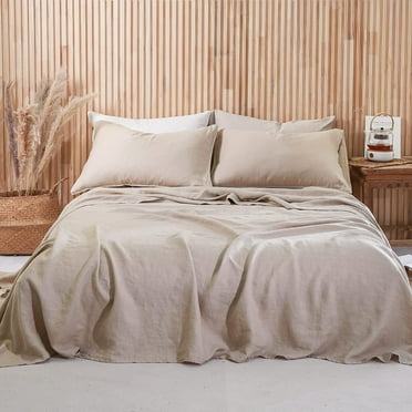L Linen World 100% Linen Sheets Set Queen Size,French Linen from Normandy Bed Sheets Natural Flax Breathable Durable 4pcs Set-1 Flat Sheet,1 Deep Pocket Fitted Sheet,2 Pillowcases - (Queen,Khaki)