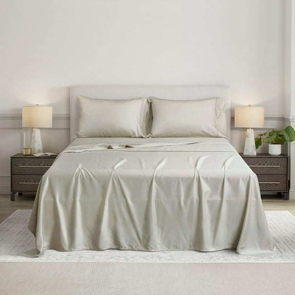 L Linen World 100% Viscose from Bamboo Lyocell Sheets Set King Size,Cooling Bed Sheets Set,Deep Pocket Up to 16", 4 Pieces Silky Soft, Breathable Bedding Sheets & Pillowcases(Beige,King)
