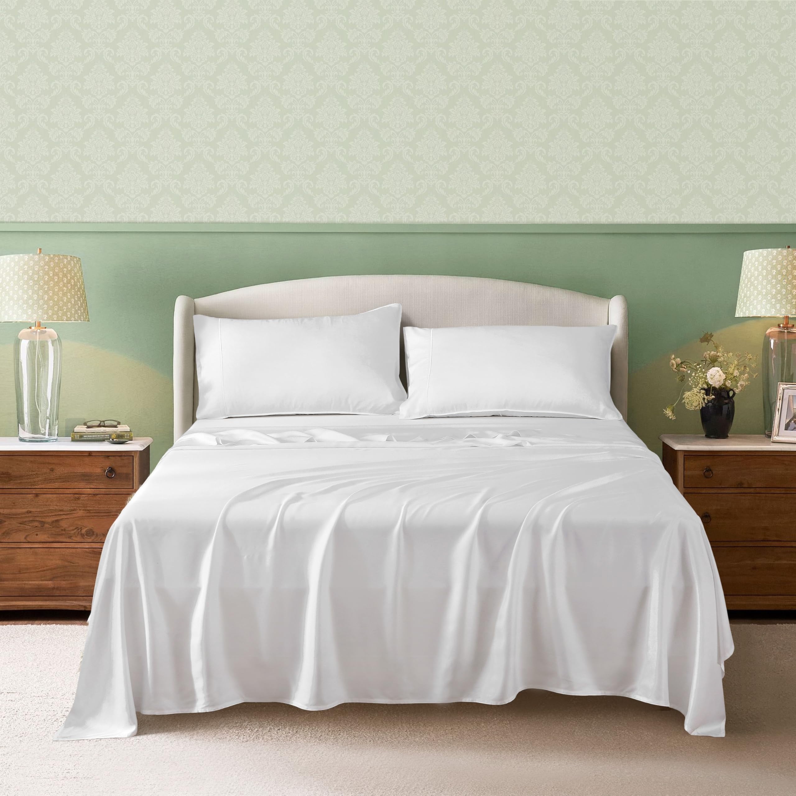 L Linen World 100% Viscose from Bamboo Lyocell Sheets Set Queen Size,Cooling Bed Sheets Set,Deep Pocket Up to 16", 4 Pieces Silky Soft, Breathable Bedding Sheets & Pillowcases(White,Queen)