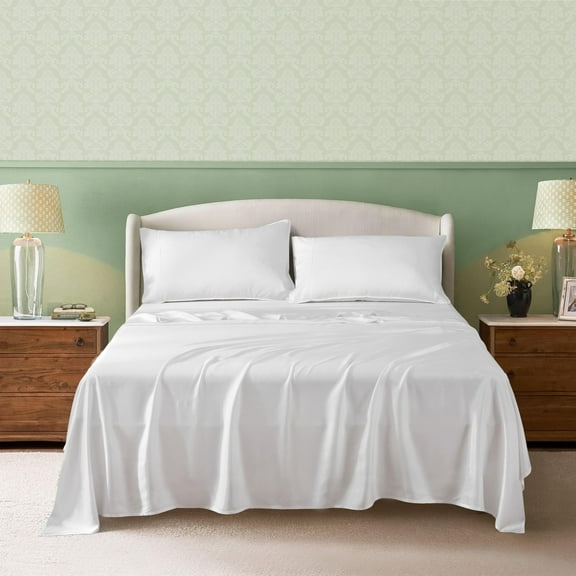L Linen World 100% Viscose from Bamboo Lyocell Sheets Set Queen Size,Cooling Bed Sheets Set,Deep Pocket Up to 16", 4 Pieces Silky Soft, Breathable Bedding Sheets & Pillowcases(White,Queen)
