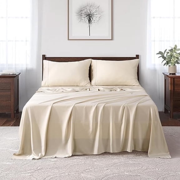 L Linen World 100% Viscose from Bamboo Sheets Set Cal King Size,Bamboo Cooling Bed Sheet 4 Pieces Deep Pocket Sheet,Silky Soft,Breathable(Champagne,Cal King)