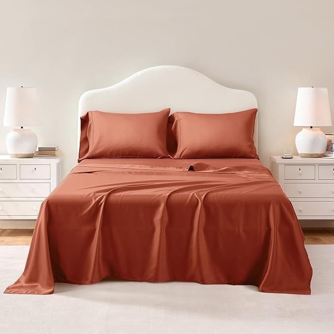 L Linen World 100% Viscose from Bamboo Sheets Set Full Size,Bamboo Cooling Bed Sheet 4 Pieces Deep Pocket Sheet,Silky Soft,Breathable(Caramel,Full)