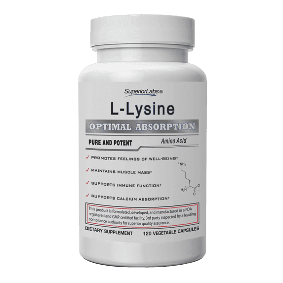Superior Labs 100% Pure L-Lysine Amino Acid Supplements Vegetable Capsules 500mg, Gluten-Free, 120 Count