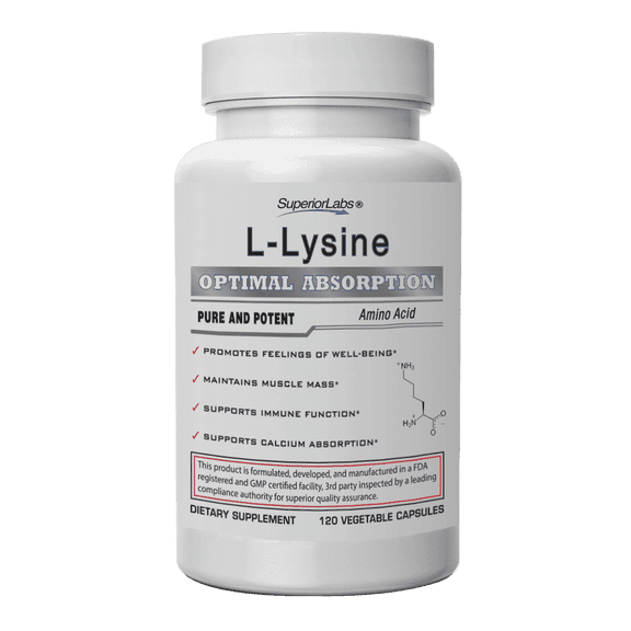 Superior Labs 100% Pure L-Lysine Amino Acid Supplements Vegetable Capsules 500mg, Gluten-Free, 120 Count