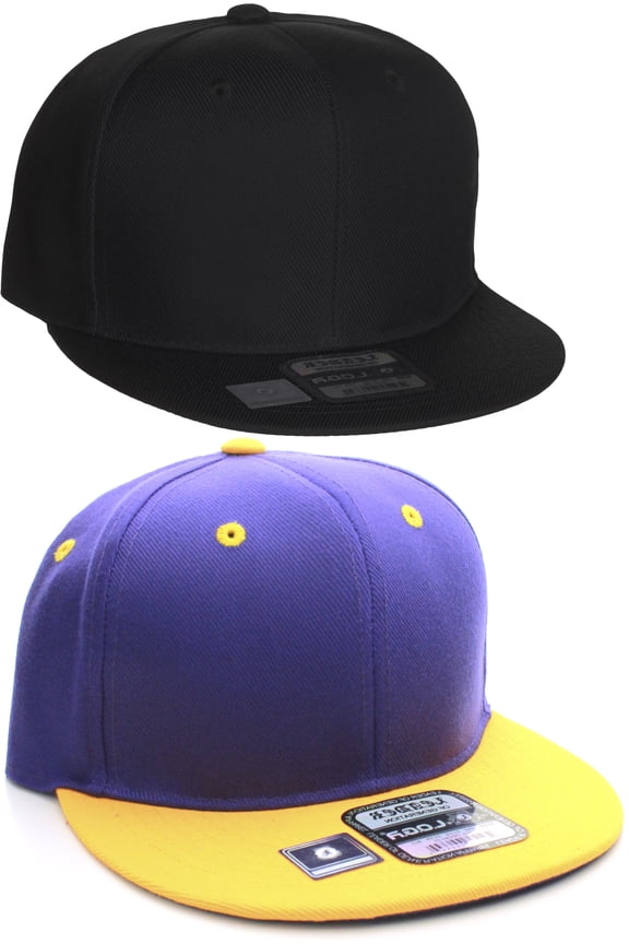 Plain Flat Bill Visor Blank Snapback Hat Cap with Adjustable Snaps - 2 Pk - Bk, Pr/Yw