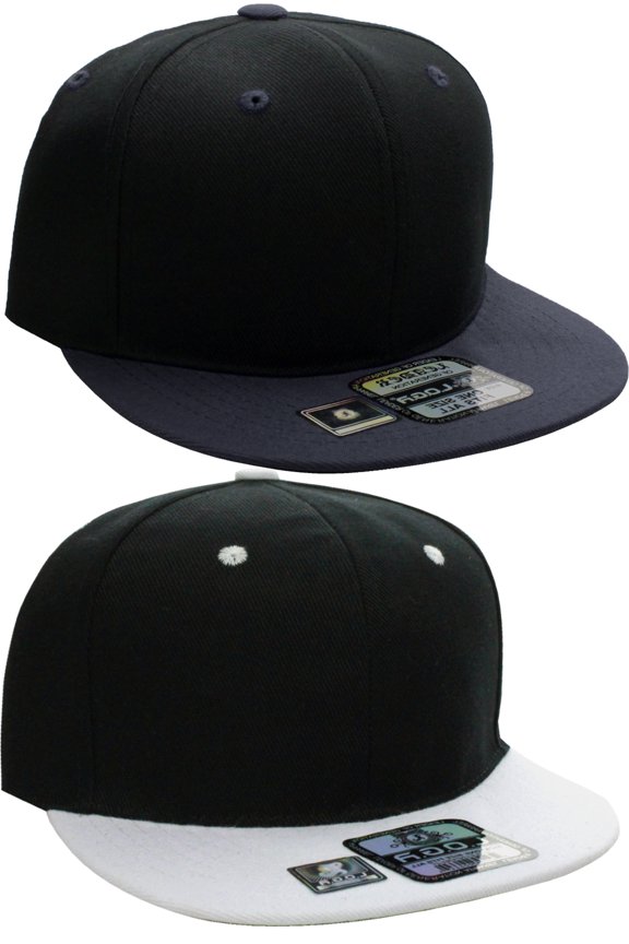 Plain Flat Bill Visor Blank Snapback Hat Cap with Adjustable Snaps - 2 Pk - Bk/Wh, Bk/Ch