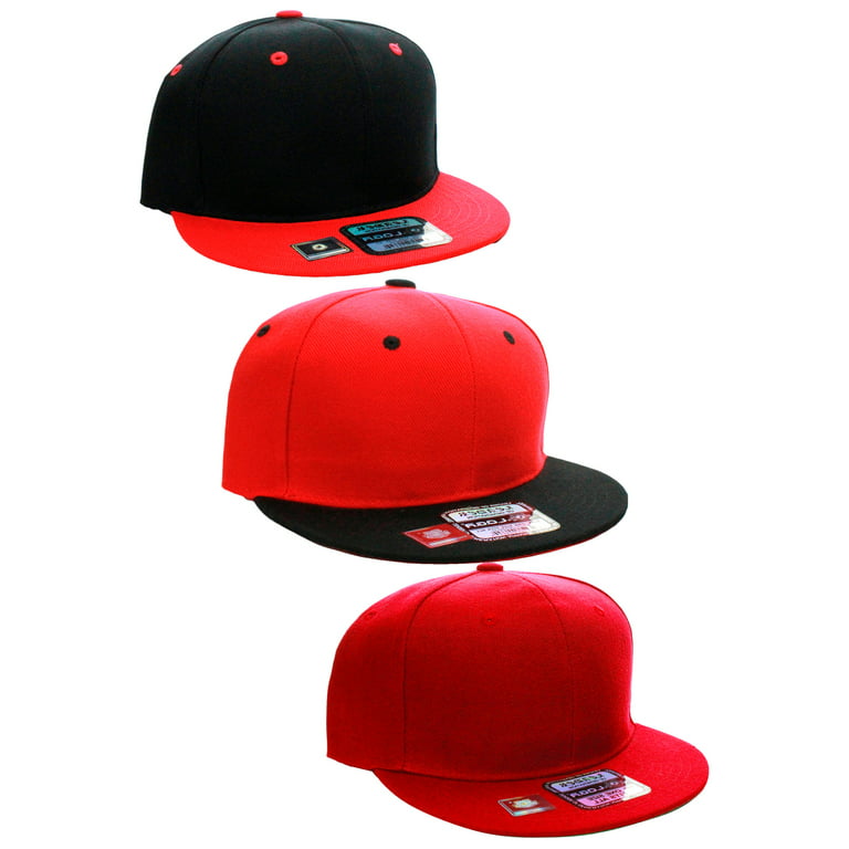 L.O.G.A Plain Flat Bill Visor Blank Snapback Hat Cap with Adjustable Snaps  - 3 Pk - Bk/Red, Red/Bk, Red
