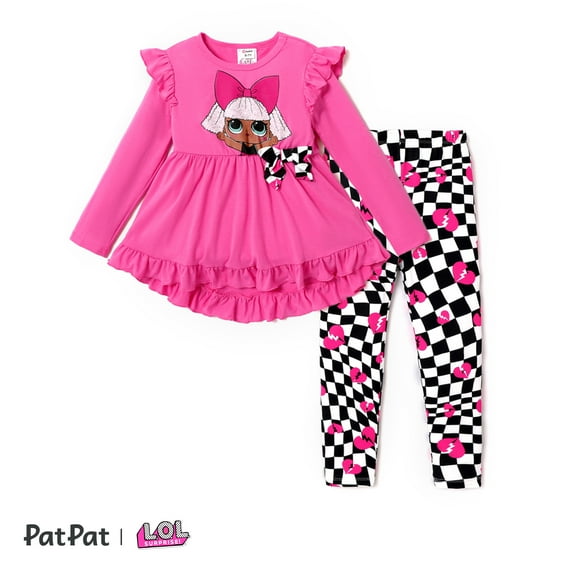 L.O.L. SURPRISE! Girls Graphic Ruffled Bow Dress Top with Plaid Leggings 2 Pieces Outfit Sets,Sizes 6-12