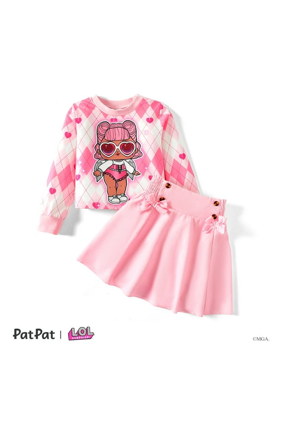Kid Girls Graphic Sweatshirt with Pink Bow Smocked Skirt 2 Pieces Outfit Sets,Sizes 5-12