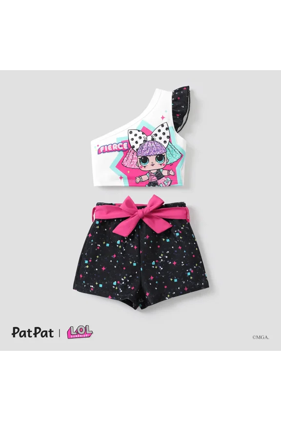 Toddler Girls Outfits Graphic T-Shirt Ruffled One Shoulder Tops Bowknot Shorts Set Sizes 2-6