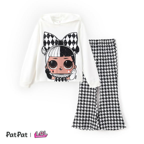 L.O.L Surpries! Kids Girls 2pcs Characters Print Hoodie Sweatshirt and Houndstooth Flared Pants 2 Pieces Outfit Sets Sizes 5-12