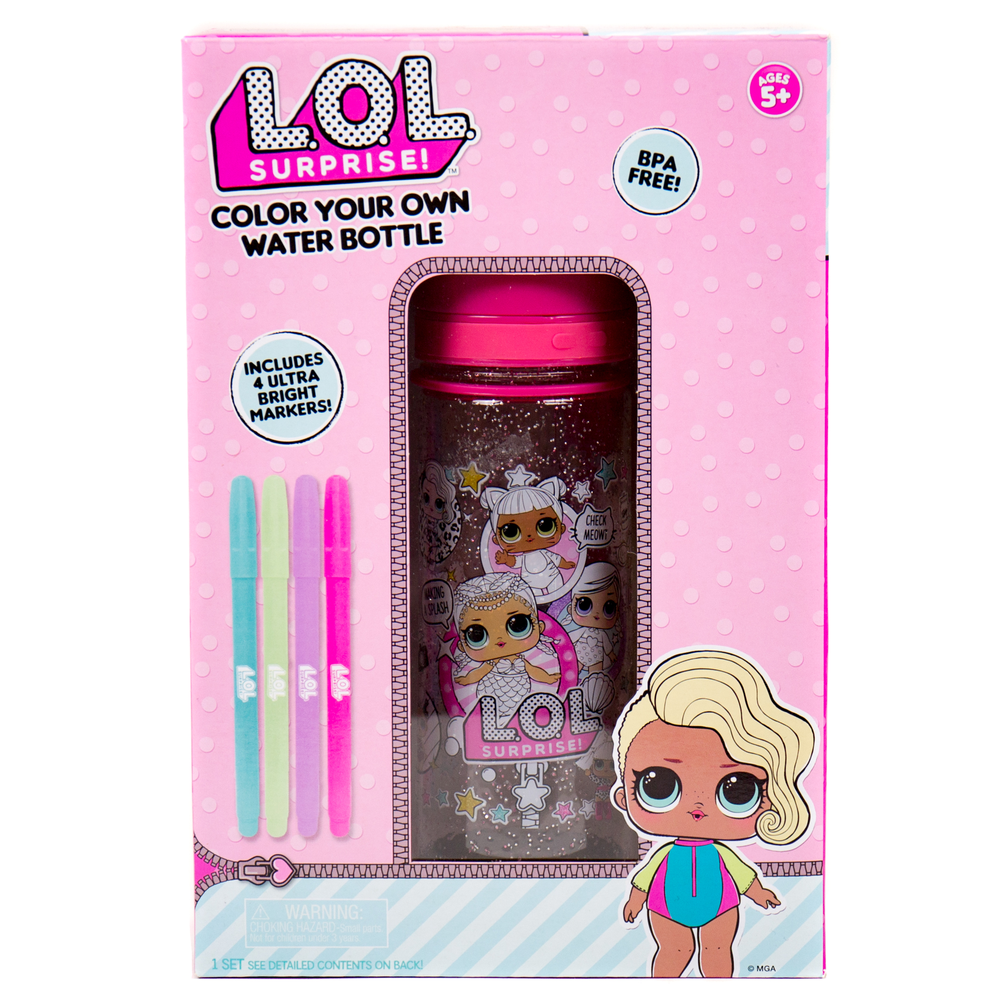 L.O.L. Surprise! Color Your Own Glitter Water Bottle for Kids Ages 5+, BPA-Free - image 1 of 6