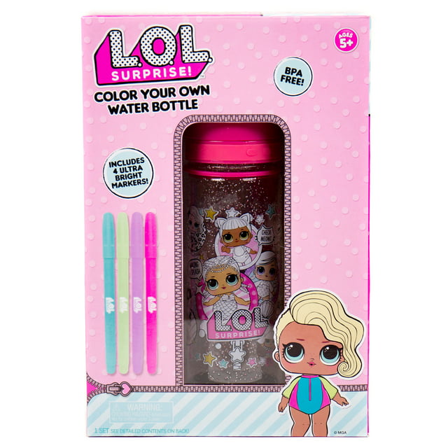 L.O.L. Surprise! Color Your Own Glitter Water Bottle for Kids Ages 5+, BPA-Free