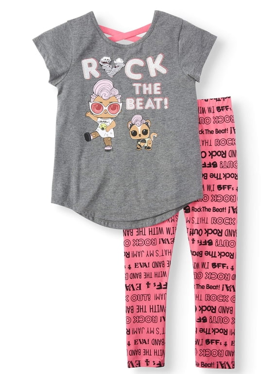 Flip Sequin Cross Back T-Shirt and Legging, 2-Piece Outfit Set (Little Girls)