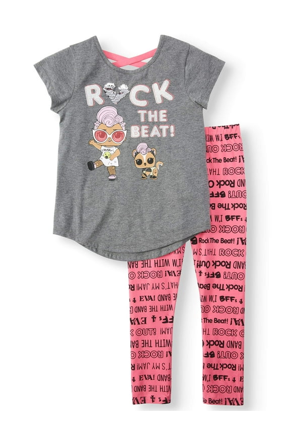 Flip Sequin Cross Back T-Shirt and Legging, 2-Piece Outfit Set (Little Girls)