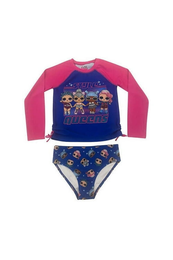 Girl's 2 Piece Long Sleeve Rash Guard & Brief Bottom Swim Set (Blue/Light Blue, 8)