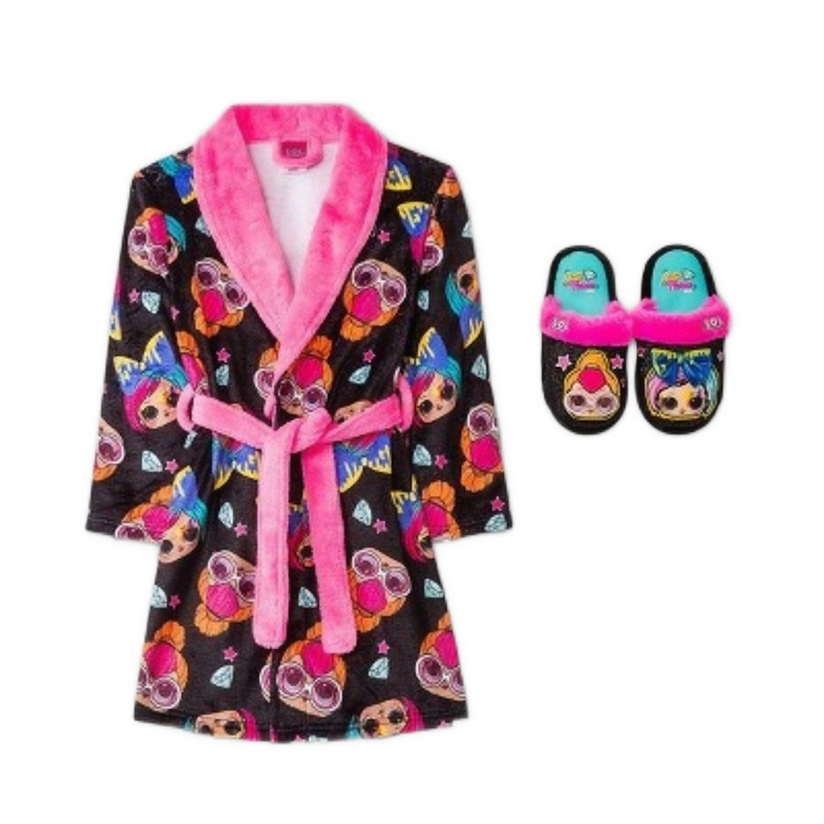 L.O.L. Surprise Girl's Black, Pink Character Bathrobe and Slippers Set, Size 6/6X