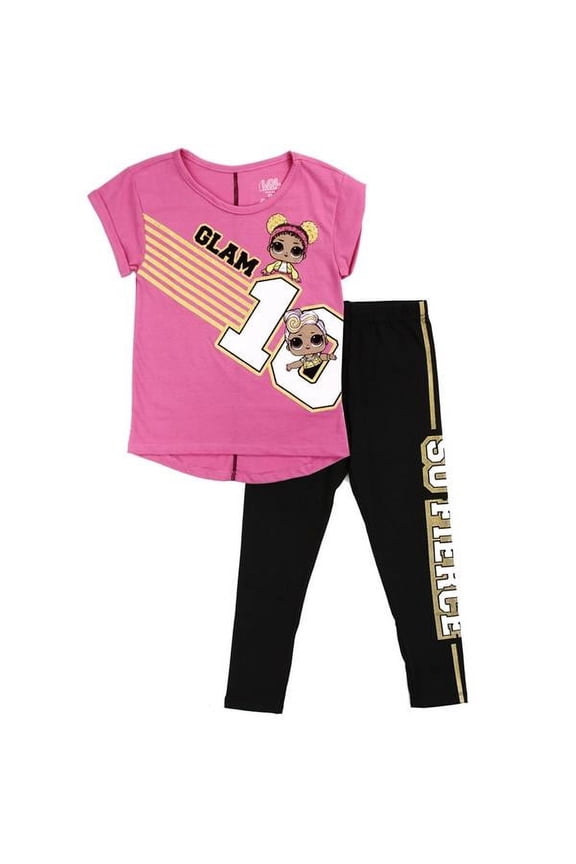 L.O.L. Surprise Girls 2 Piece Son Fierce Glam Short Sleeve Shirt and Legging Set, Pink, 4