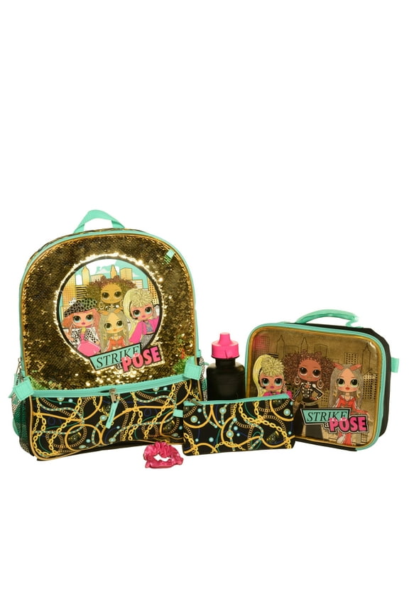 Girls' 5-Piece Sequin Backpack Set with Lunch Box, Water Bottle, Black and Gold
