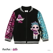 L.O.L. SURPRISE! Girls Bomber Jacket Black Sequins Graphic Lightweight Zip-Up Varsity Jacket Sizes 3-8