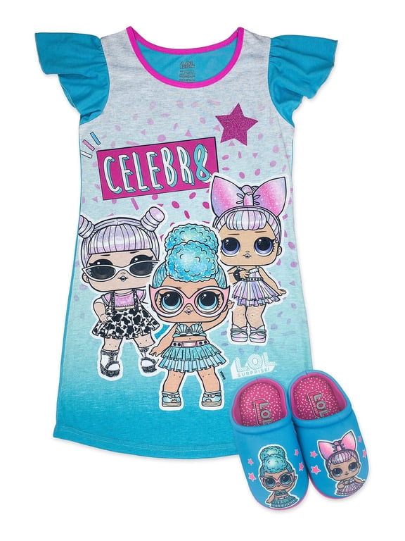 Girls Dorm Shirt with Slippers, Sizes 4-12