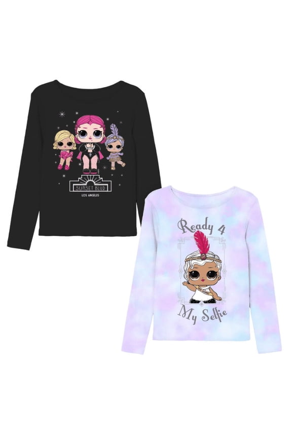 Girls Graphic & Solid T-Shirts with Long Sleeves, 2-Pack, Sizes 4-16