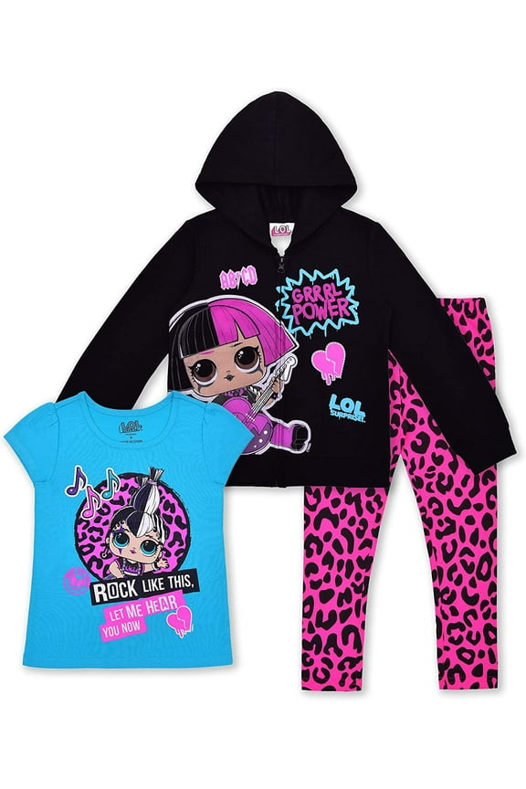 LOL Surprise Dolls, and Girls 3 Piece Hoodie Short Sleeve and Legging Set, 4-6X