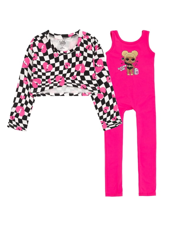 Little Girls' Fleece Cropped Top and Jumpsuit Set Queen Bee Pink