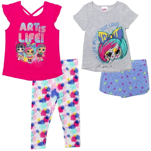 L.O.L. Surprise! Toddler Girls T-Shirt Tank Top Leggings and Shorts 4 Piece Outfit Set Toddler to Big Kid