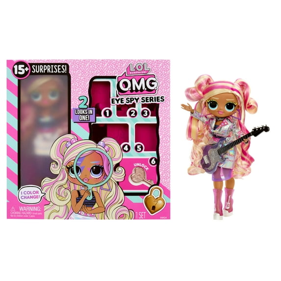 A doll with a guitar next to a pink box