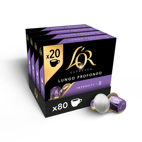 L'OR Lungo Profondo Coffee Pods x20 Intensity 8 (Pack of 4, Total 80 Capsules) Nespresso* Compatible