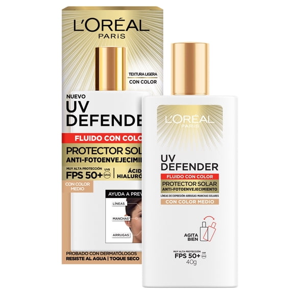 L'OREAL PARIS UV DEFENDER PROTECTOR SOLAR FLUIDO CON COLOR DIARIO FPS 50+ ACIDO HIALURONICO COLOR MEDIO 40 G