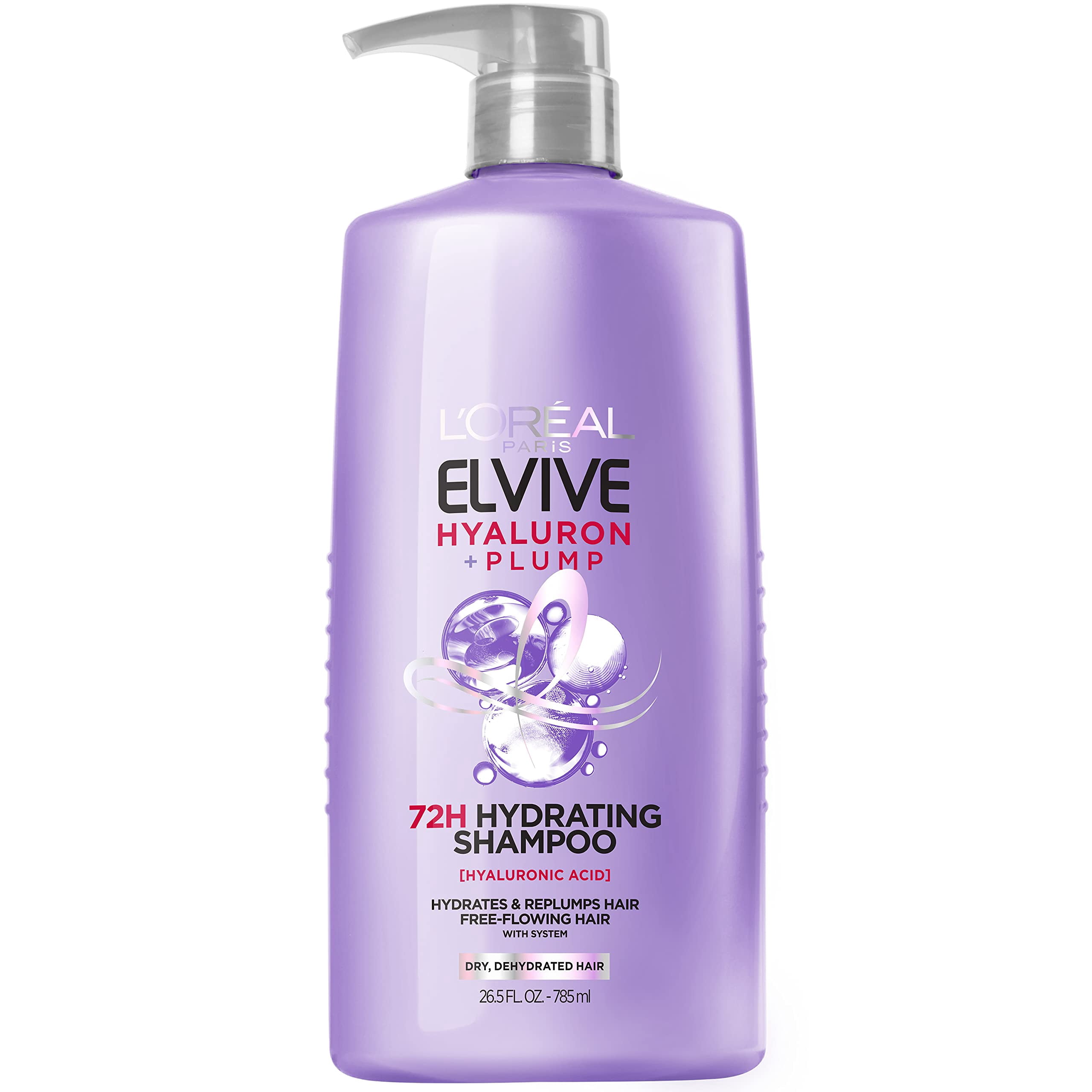 L'Oreal Paris Elvive Hyaluron Plump Hydrating Shampoo for Dehydrated, Dry Hair Infused with Hyaluronic Acid Care Complex, Paraben-Free, 26.5 Fl Oz C32