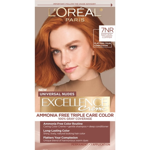 L'Oréal Paris Excellence Creme Permanent Triple Protection Hair Color for Adults, Core Natural Copper, 1 Kit