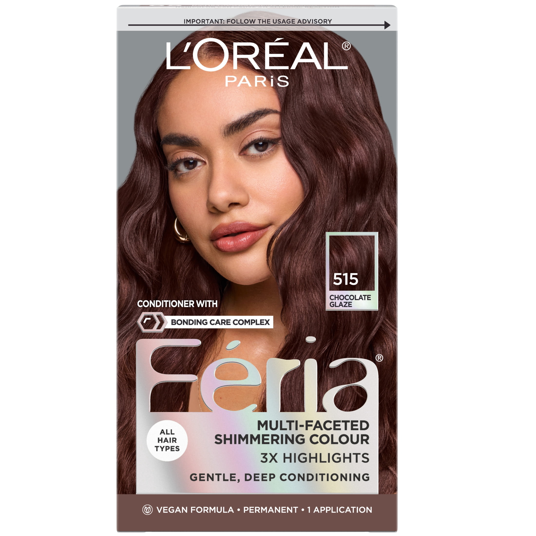 L’Oreal Paris Feria Multi-Faceted Shimmering Permanent Hair Color Kit, 515 Chocolate Glaze, for Adults