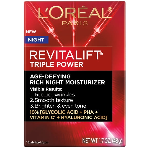 L'Oreal Paris Revitalift Triple Power Anti Aging Face Moisturizer Night Cream with Glycolic Acid, 1.7 oz
