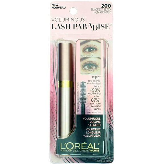 L'Oreal Paris Voluminous Lash Paradise Mascara, Blackest Black 200, 0.28 fl oz (2 pack) (Bundle)
