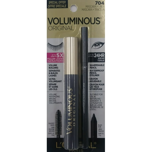L'Oréal Paris Voluminous Mascara & Pro-Last Eyeliner, 704 Black, (Pack of 2)