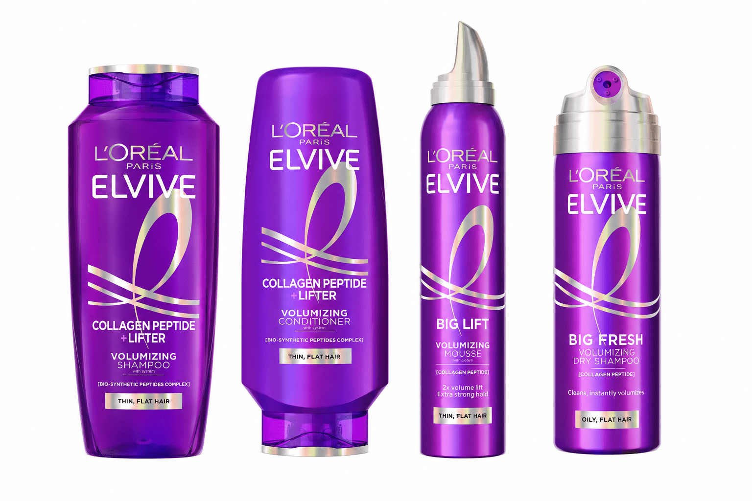 L'Oreal Paris Elvive Collagen Peptide + Lifter 72h Volumizing Full Regimen, includes 13.5 fl oz Shampoo and Conditioner, Mousse 6.7fl oz, and Dry Shampoo