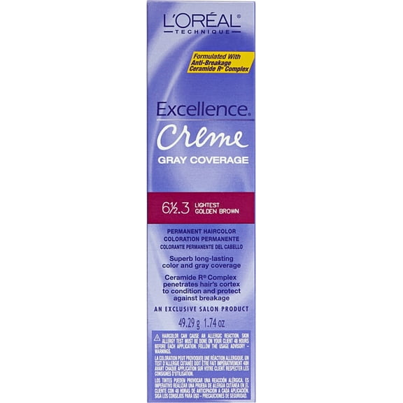 L'Oreal Excellence Creme Gray Coverage Permanent Hair Color, Lightest Golden Brown [6 1/2.3] 1.74 oz