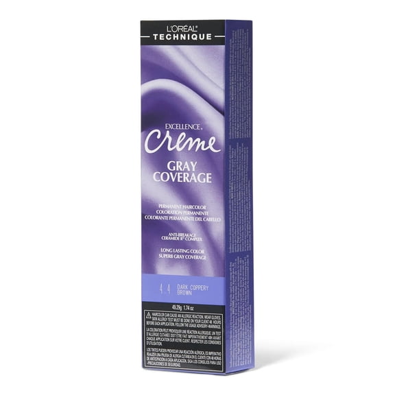 L'Oreal Excellence Gray Coverage Permanent Creme, 4.4 Dark Coppery Brown, 1.74 Oz.