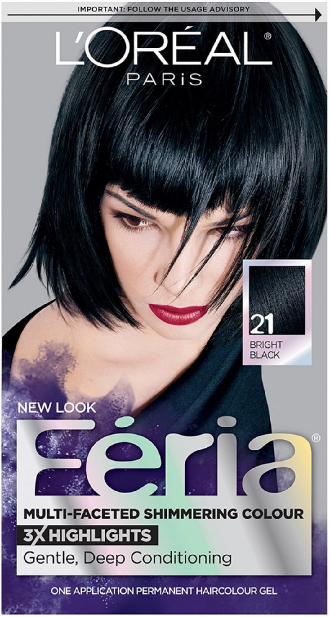 L'Oreal Feria Multi-Faceted Shimmering Colour, 21 Bright Black, 1 Each (Pack of 4)
